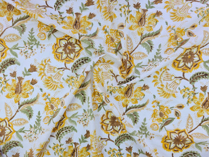 Hand Block Print Cotton Fabric - Mustard Botanical Floral | Golden Meadow