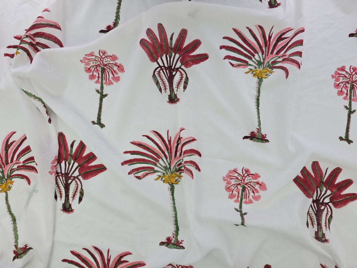 Hand Block Print Cotton Fabric – Burgundy Palm Tree | Crimson Canopy