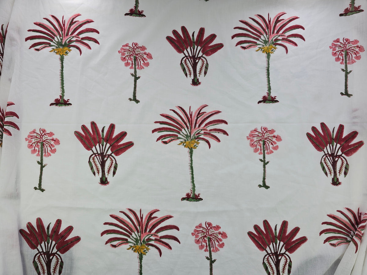 Hand Block Print Cotton Fabric – Burgundy Palm Tree | Crimson Canopy