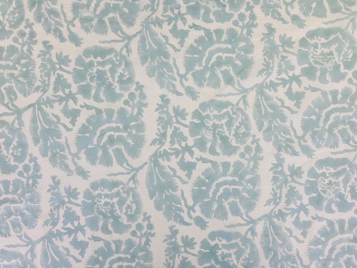 Hand Block Print Cotton Fabric – Mist Blue Botanical | Silver Mist