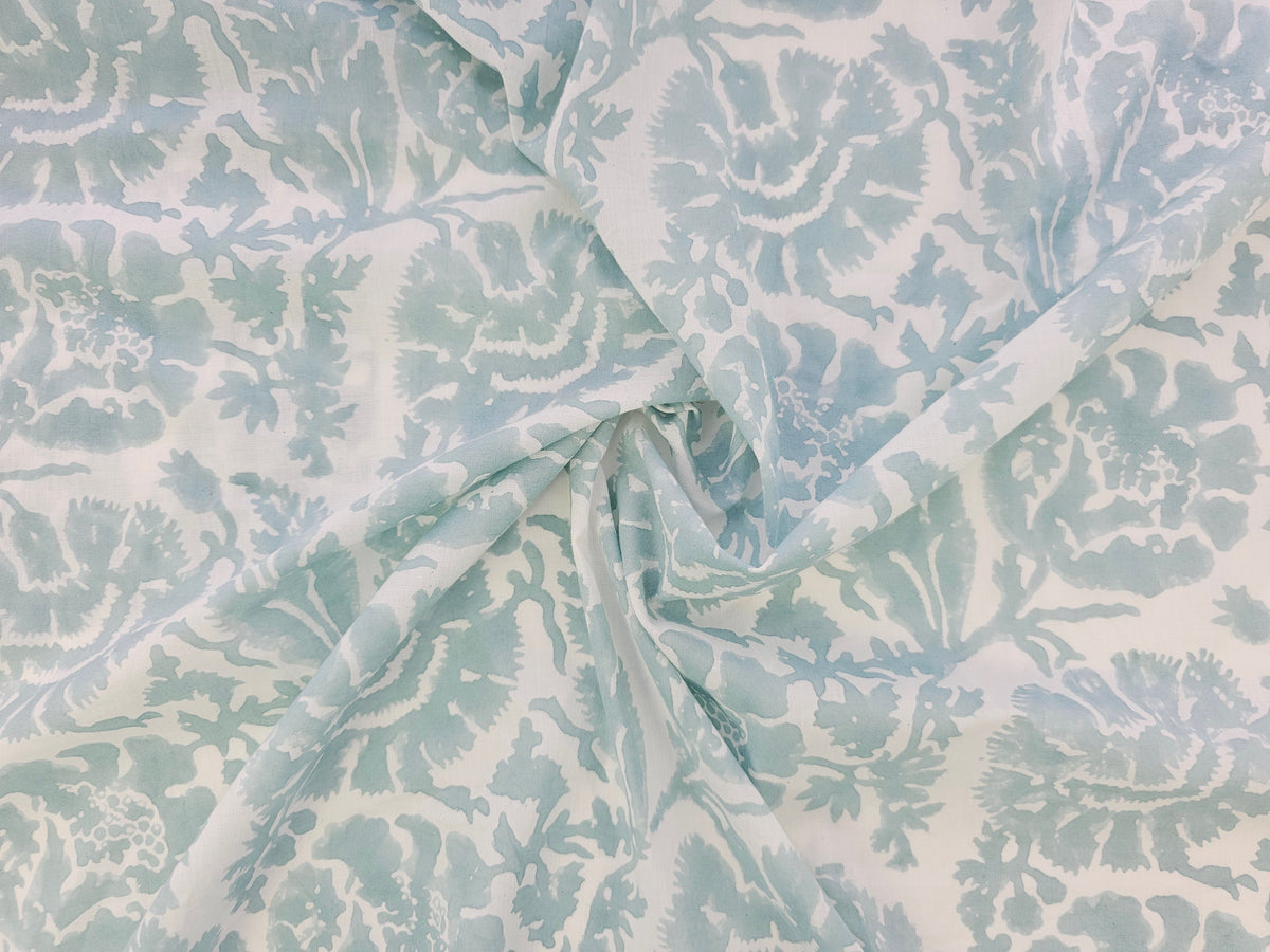 Hand Block Print Cotton Fabric – Mist Blue Botanical | Silver Mist