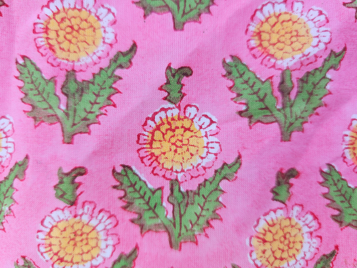 Hand Block Print Cotton Fabric – Pink Floral Motif | Pink Blossom