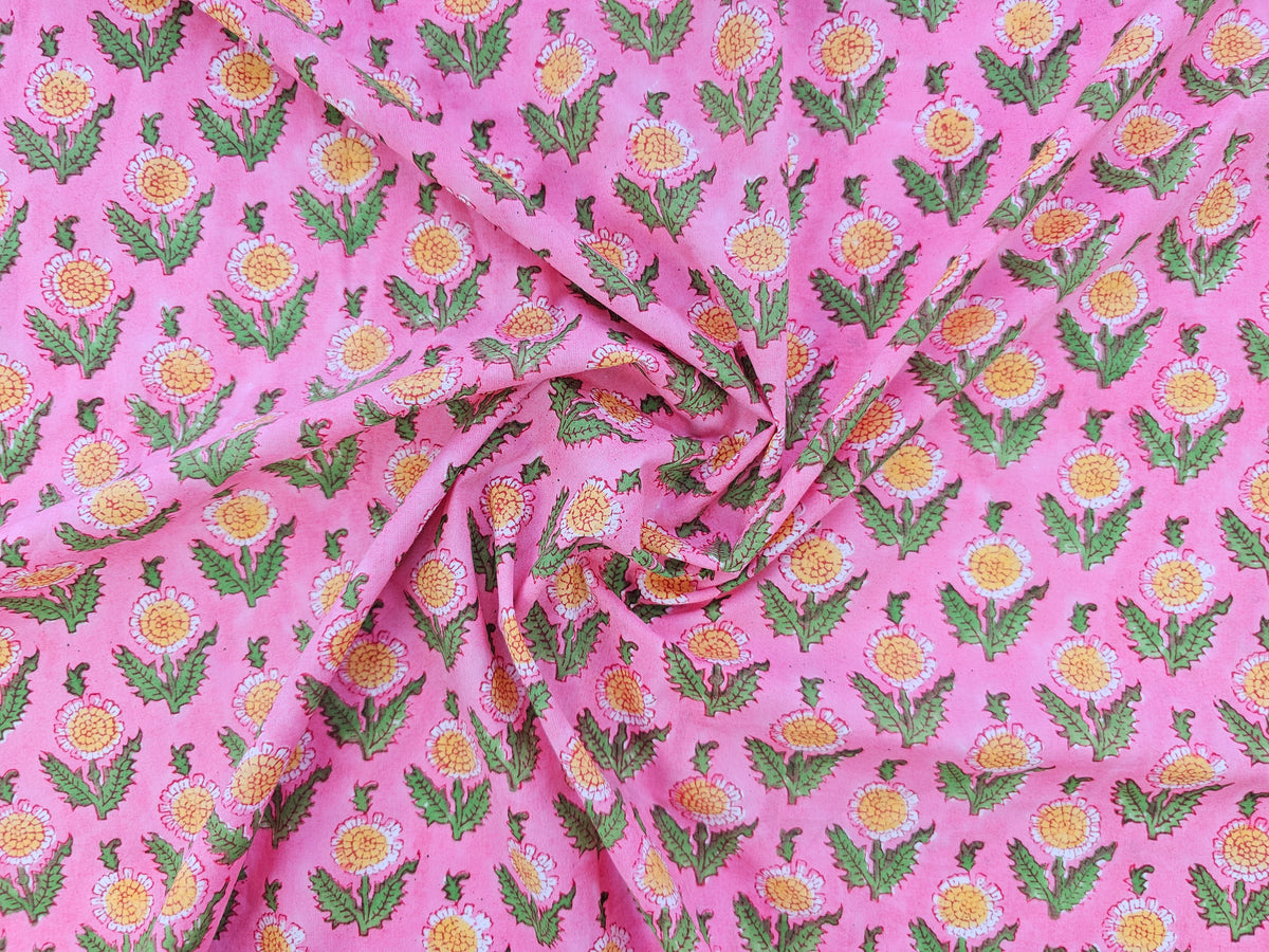 Hand Block Print Cotton Fabric – Pink Floral Motif | Pink Blossom