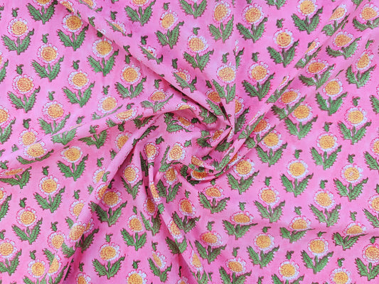 Hand Block Print Cotton Fabric – Pink Floral Motif | Pink Blossom