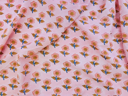 Hand Block Print Cotton Fabric – Pink Floral Motif | Blush Meadow