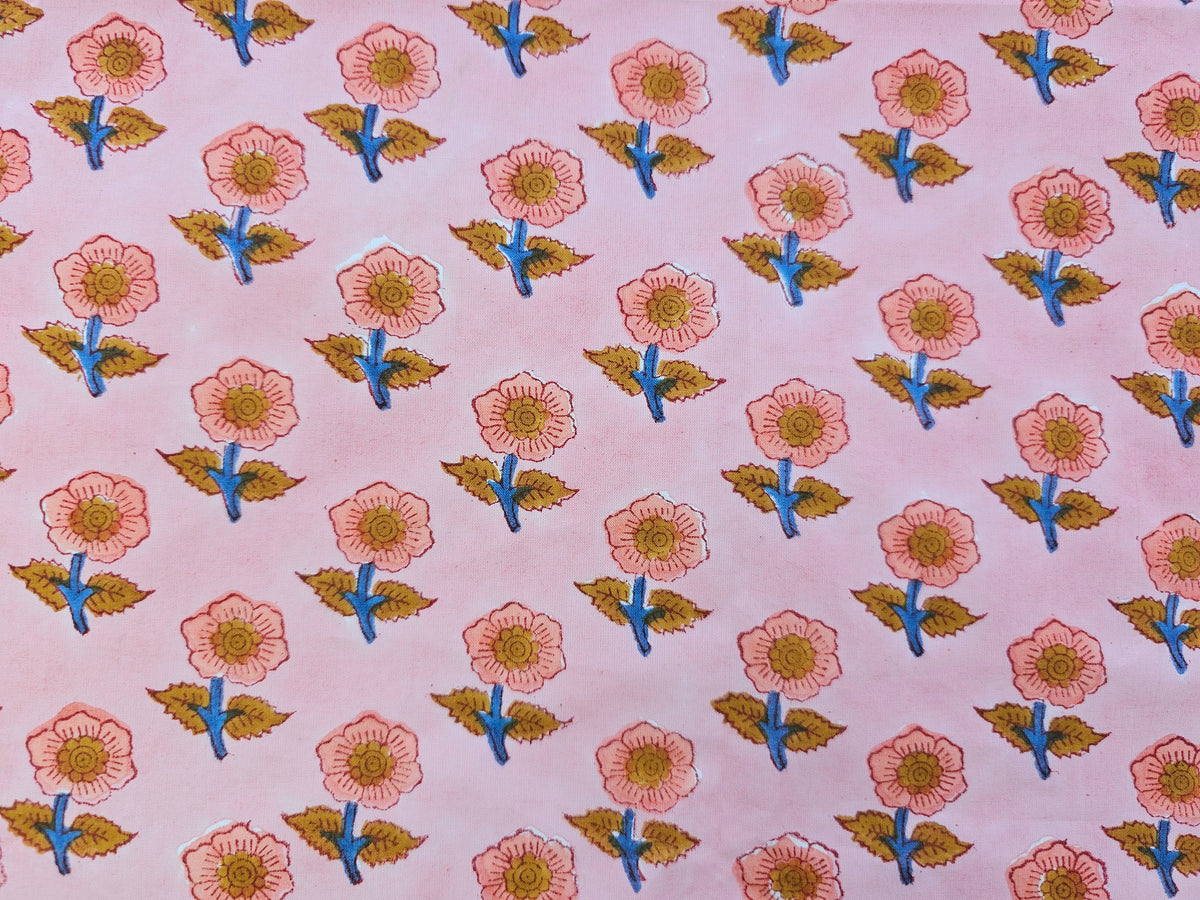 Hand Block Print Cotton Fabric – Pink Floral Motif | Blush Meadow