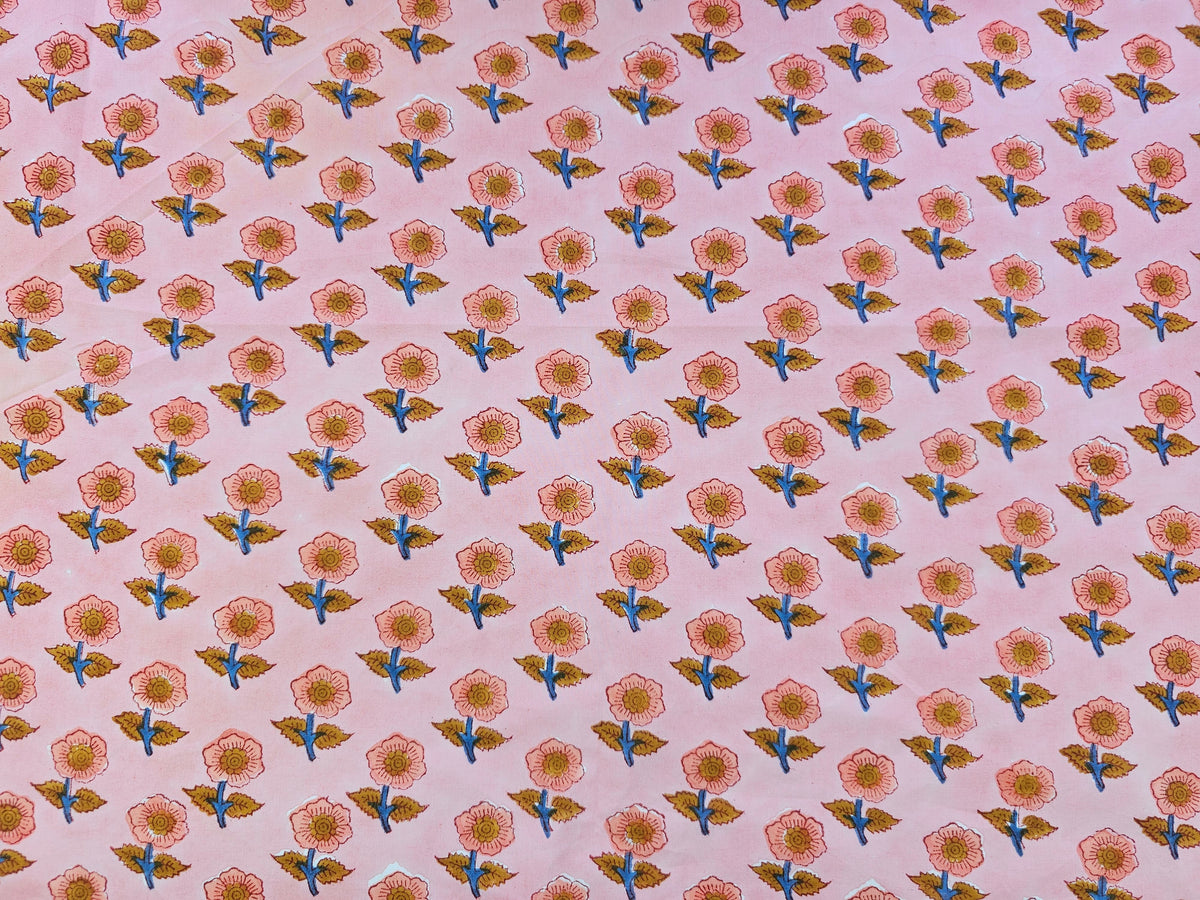 Hand Block Print Cotton Fabric – Pink Floral Motif | Blush Meadow