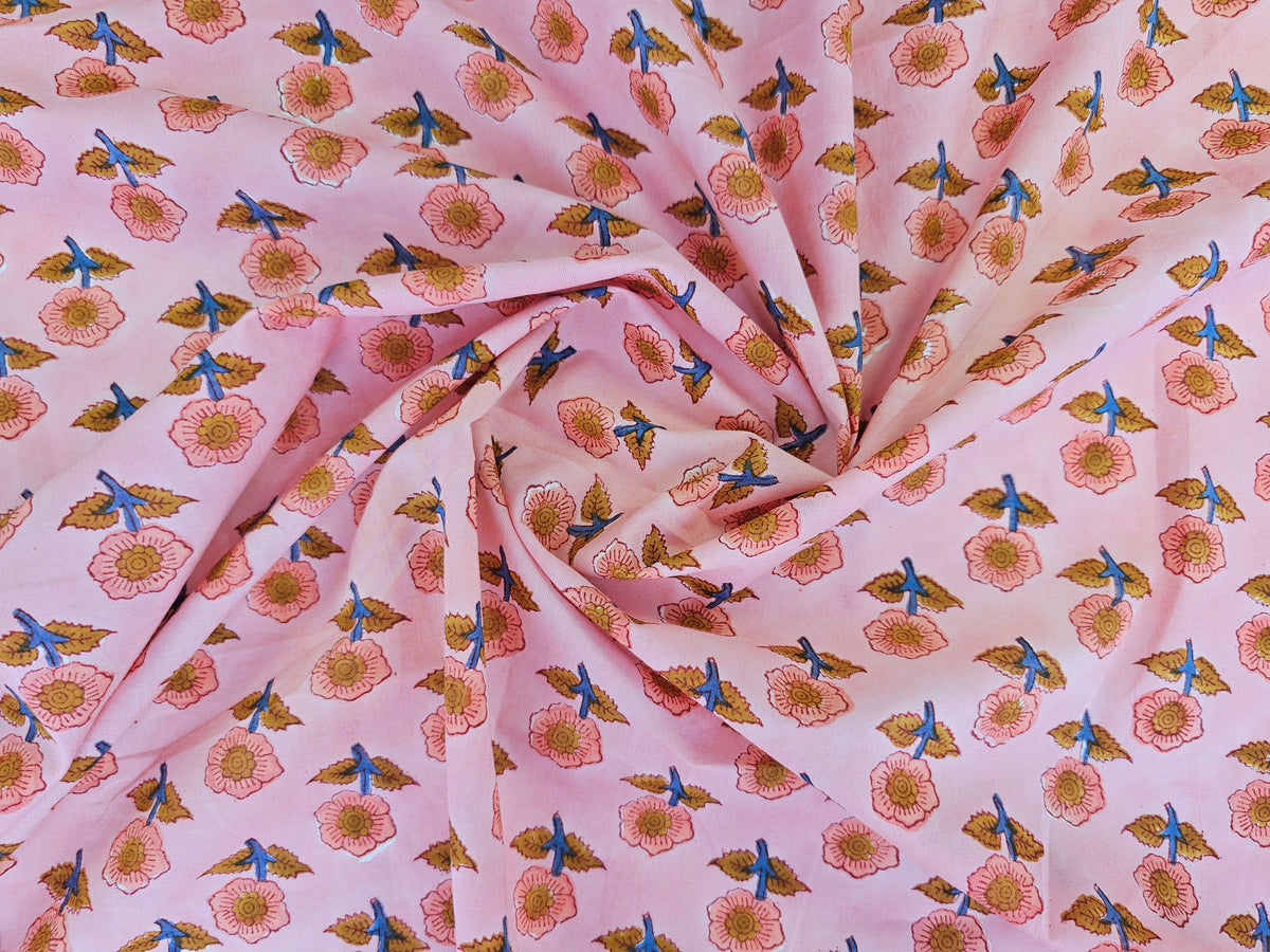 Hand Block Print Cotton Fabric – Pink Floral Motif | Blush Meadow
