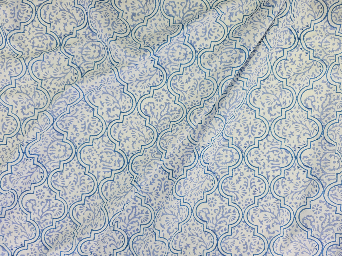 Hand Block Print Cotton Fabric – Blue Ornamental Lattice | Azure Tiles