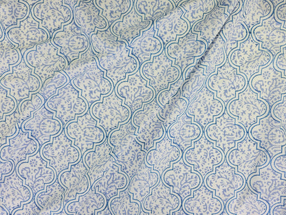 Hand Block Print Cotton Fabric – Blue Ornamental Lattice | Azure Tiles