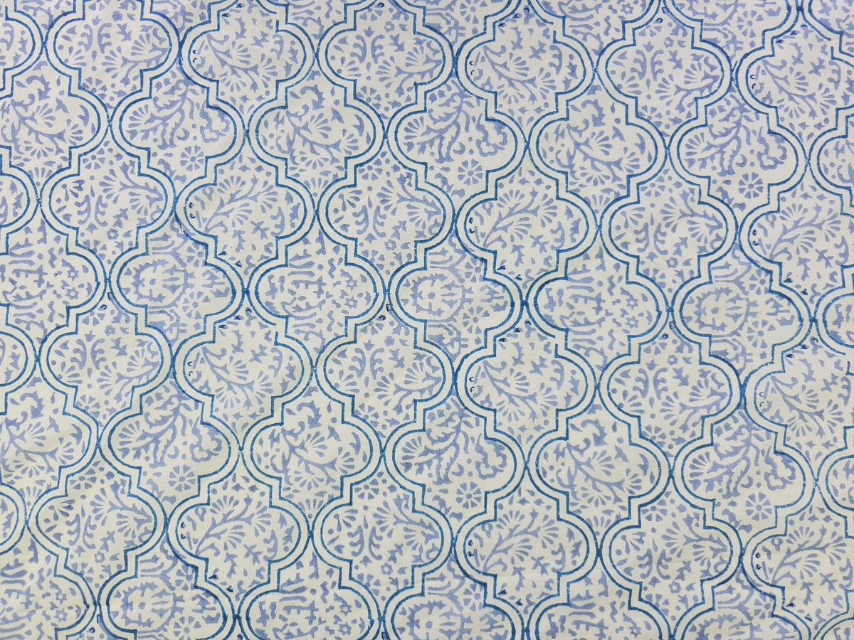 Hand Block Print Cotton Fabric – Blue Ornamental Lattice | Azure Tiles