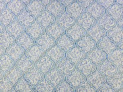 Hand Block Print Cotton Fabric – Blue Ornamental Lattice | Azure Tiles