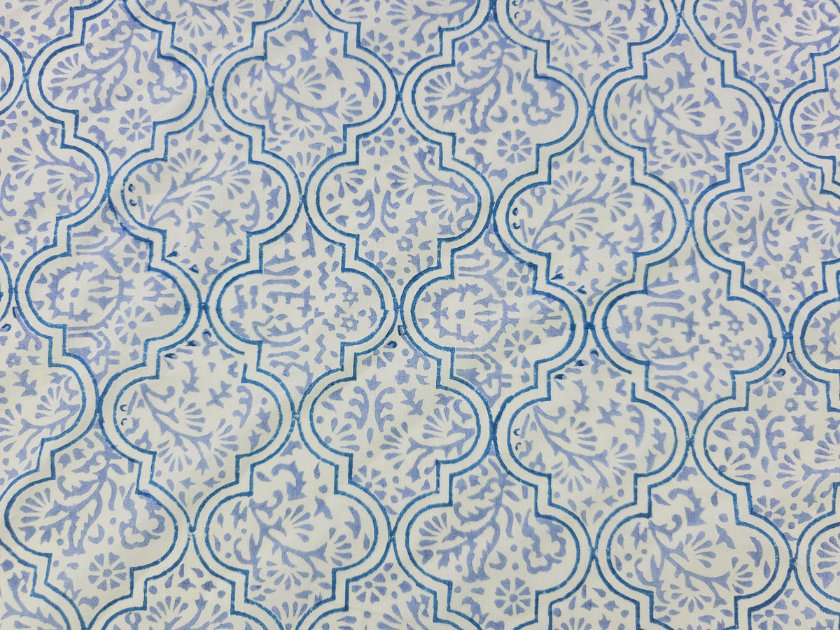 Hand Block Print Cotton Fabric – Blue Ornamental Lattice | Azure Tiles