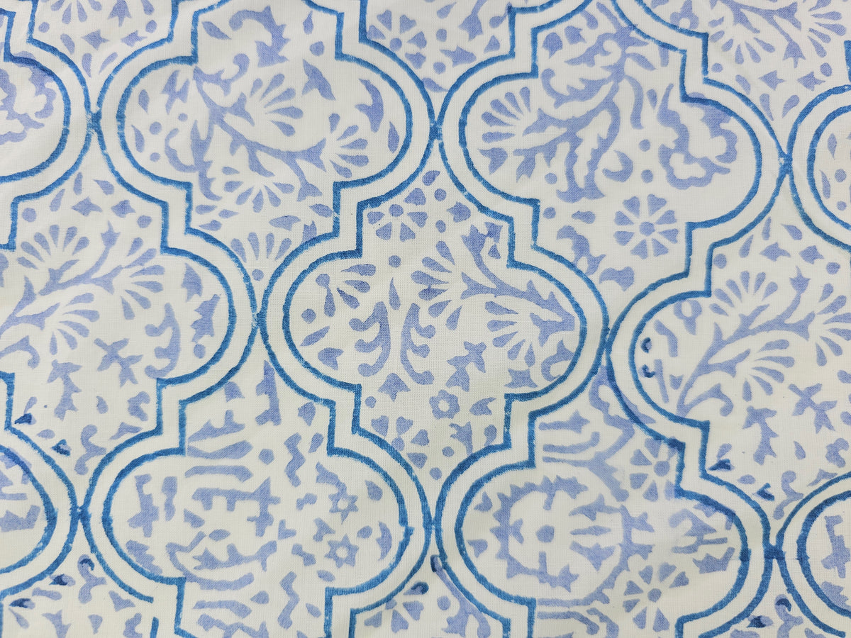 Hand Block Print Cotton Fabric – Blue Ornamental Lattice | Azure Tiles