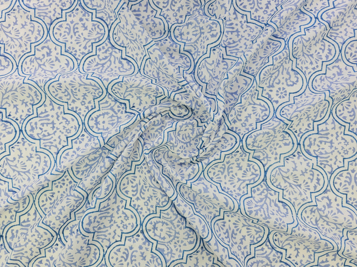 Hand Block Print Cotton Fabric – Blue Ornamental Lattice | Azure Tiles