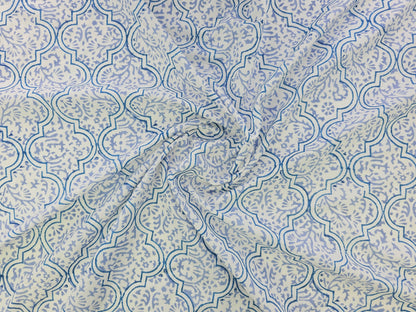 Hand Block Print Cotton Fabric – Blue Ornamental Lattice | Azure Tiles