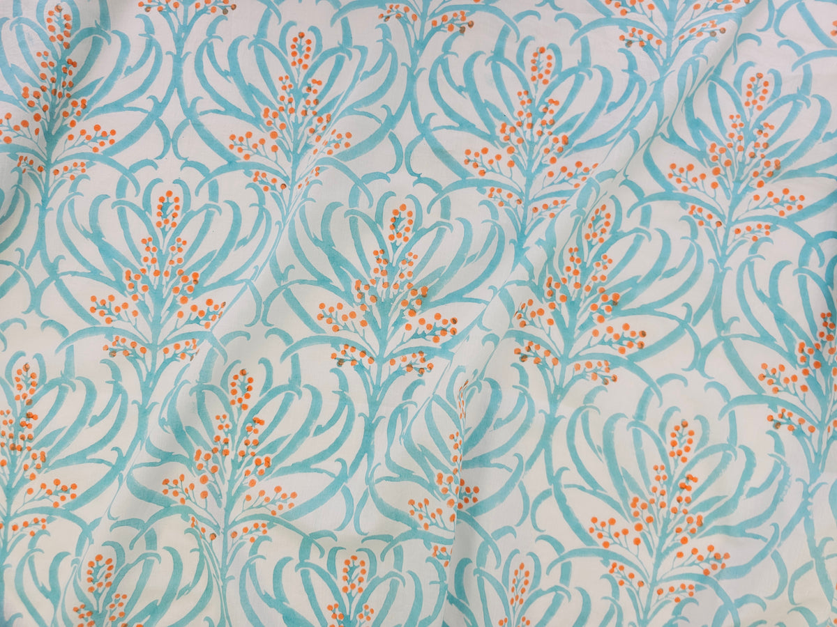 Hand Block Print Cotton Fabric – Aqua Botanical | Ocean Breeze