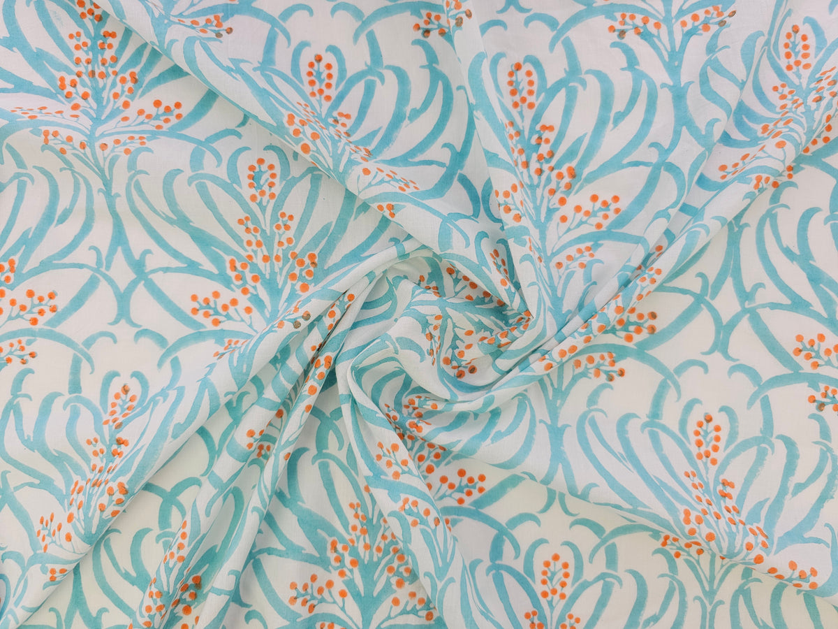 Hand Block Print Cotton Fabric – Aqua Botanical | Ocean Breeze