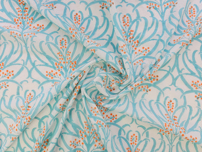 Hand Block Print Cotton Fabric – Aqua Botanical | Ocean Breeze