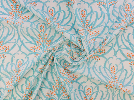 Hand Block Print Cotton Fabric – Aqua Botanical | Ocean Breeze