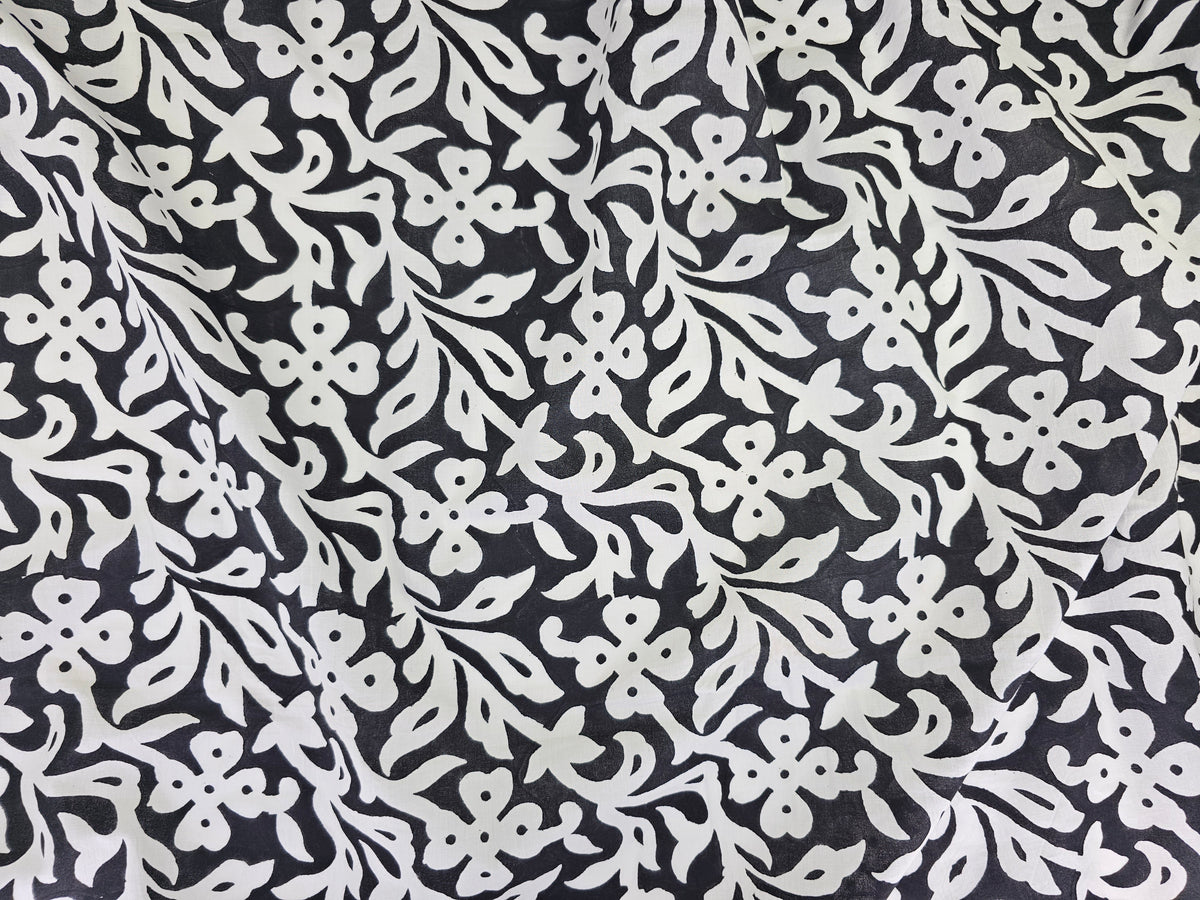Hand Block Print Cotton Fabric – Black Floral Vine | Midnight Blossom