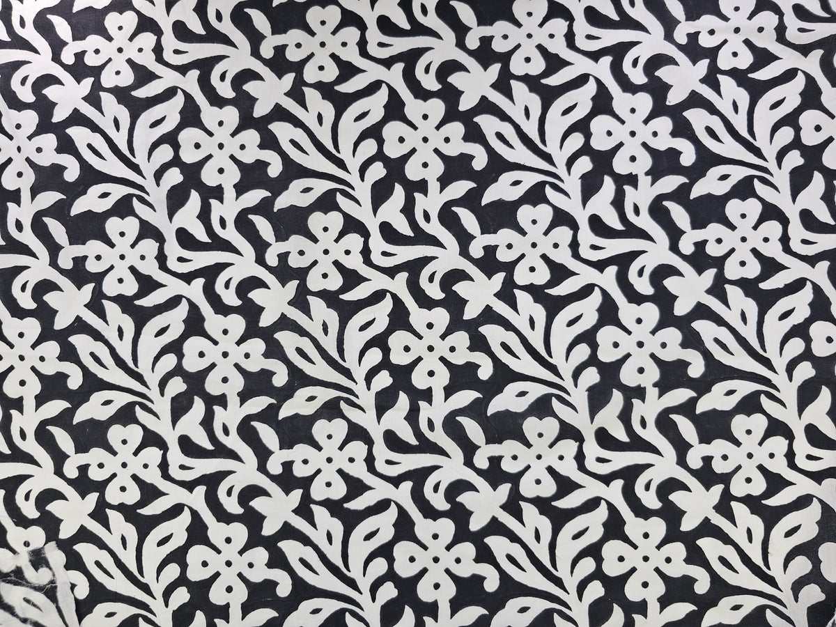 Hand Block Print Cotton Fabric – Black Floral Vine | Midnight Blossom