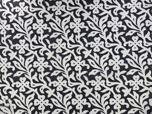 Hand Block Print Cotton Fabric – Black Floral Vine | Midnight Blossom