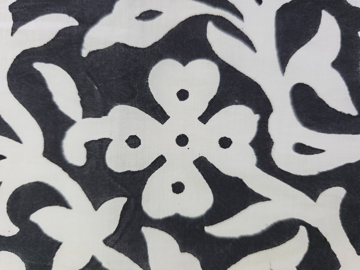 Hand Block Print Cotton Fabric – Black Floral Vine | Midnight Blossom