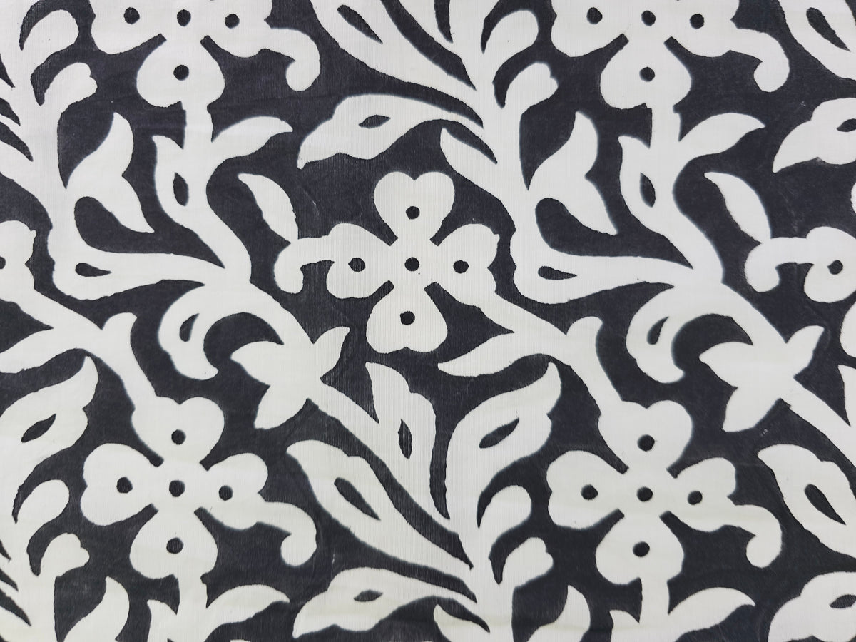 Hand Block Print Cotton Fabric – Black Floral Vine | Midnight Blossom