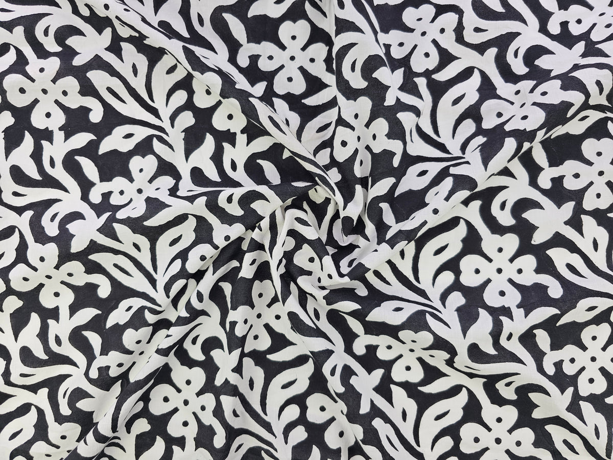 Hand Block Print Cotton Fabric – Black Floral Vine | Midnight Blossom
