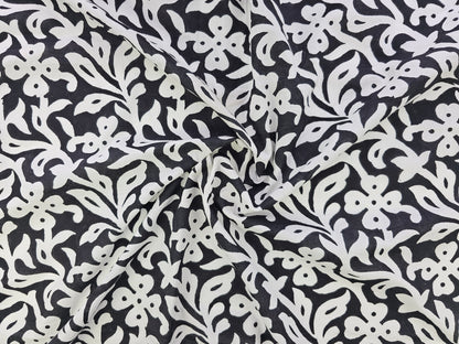 Hand Block Print Cotton Fabric – Black Floral Vine | Midnight Blossom