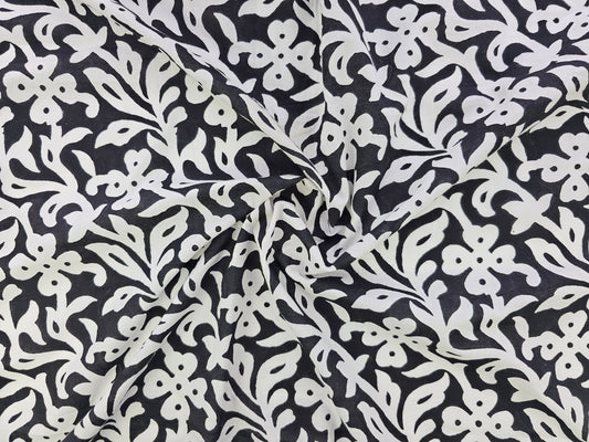 Hand Block Print Cotton Fabric – Black Floral Vine | Midnight Blossom