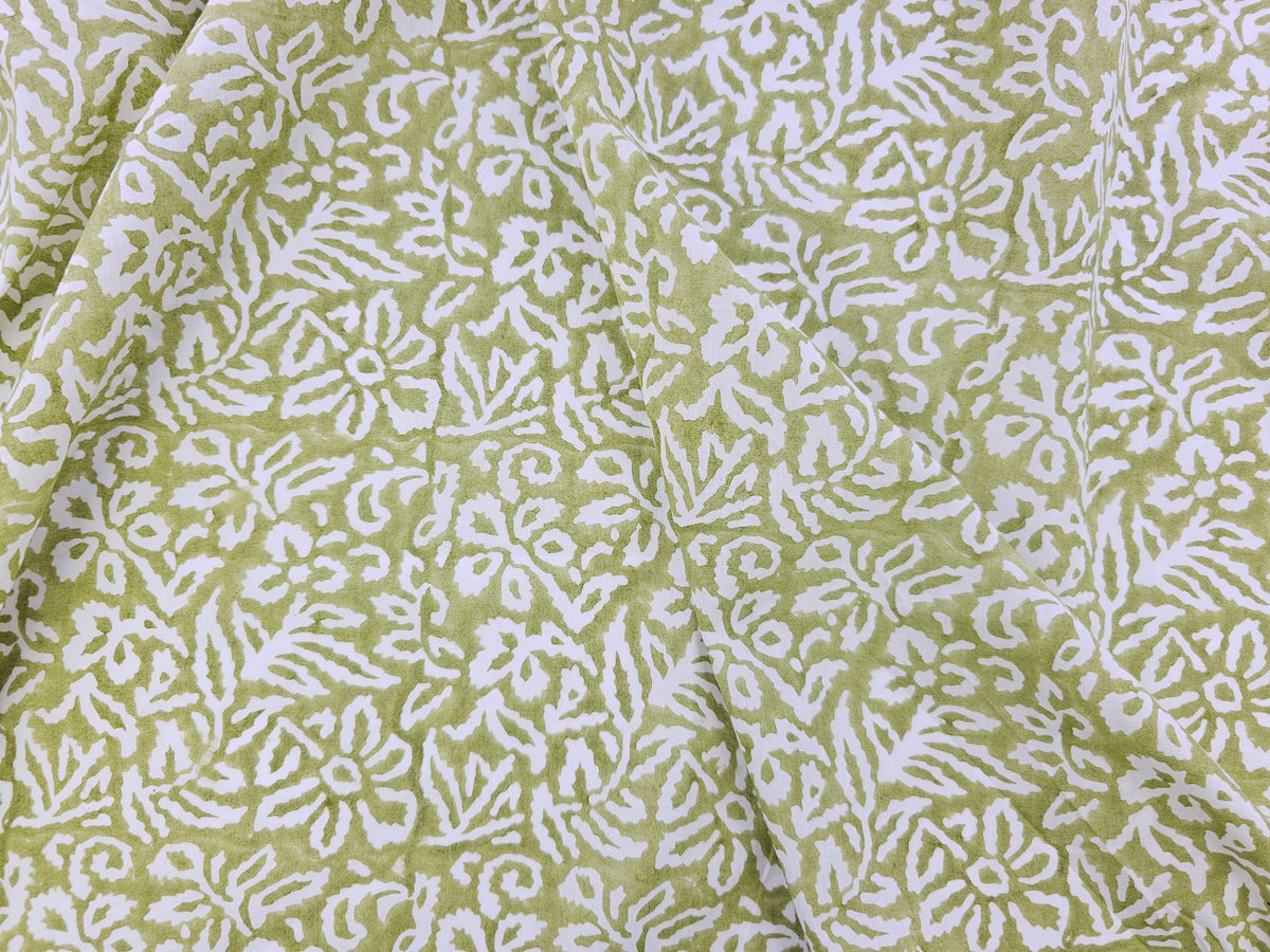 Hand Block Print Cotton Fabric – Olive Botanical Abstract | Olive Canopy