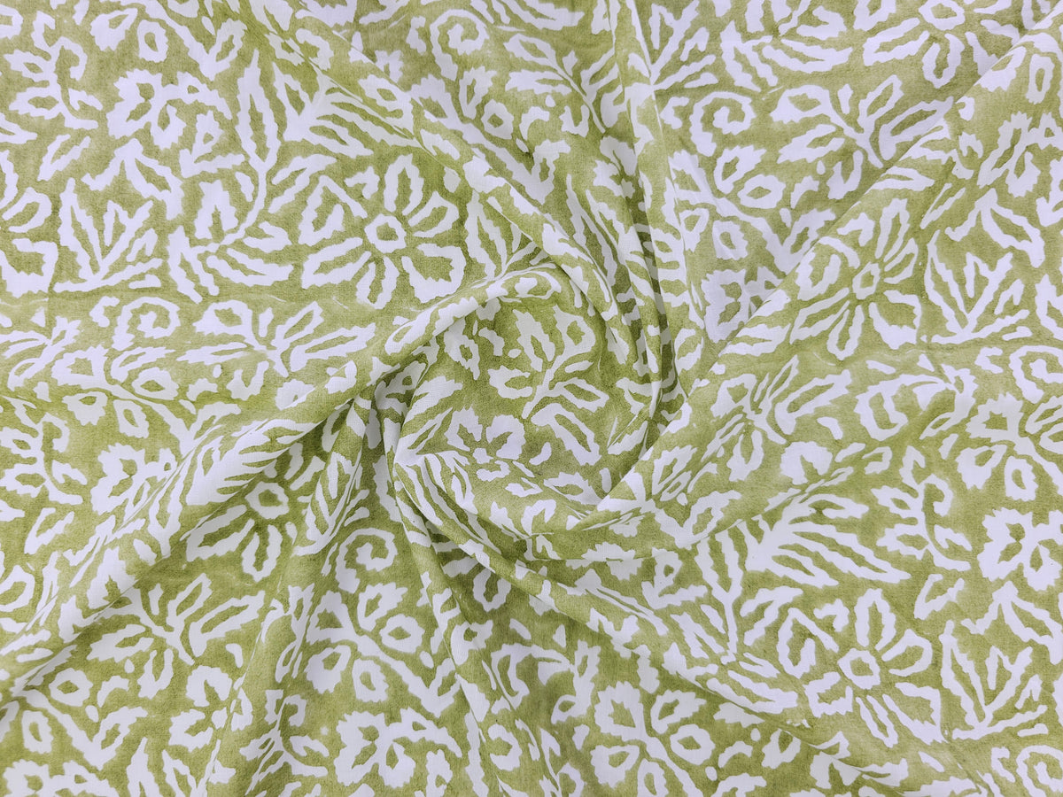 Hand Block Print Cotton Fabric – Olive Botanical Abstract | Olive Canopy