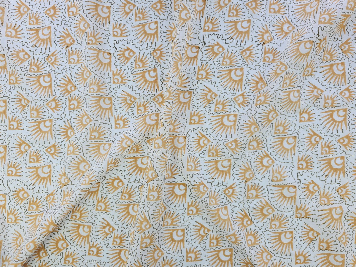 Hand Block Print Cotton Fabric – Ochre Geometric Sunburst | Golden Rays