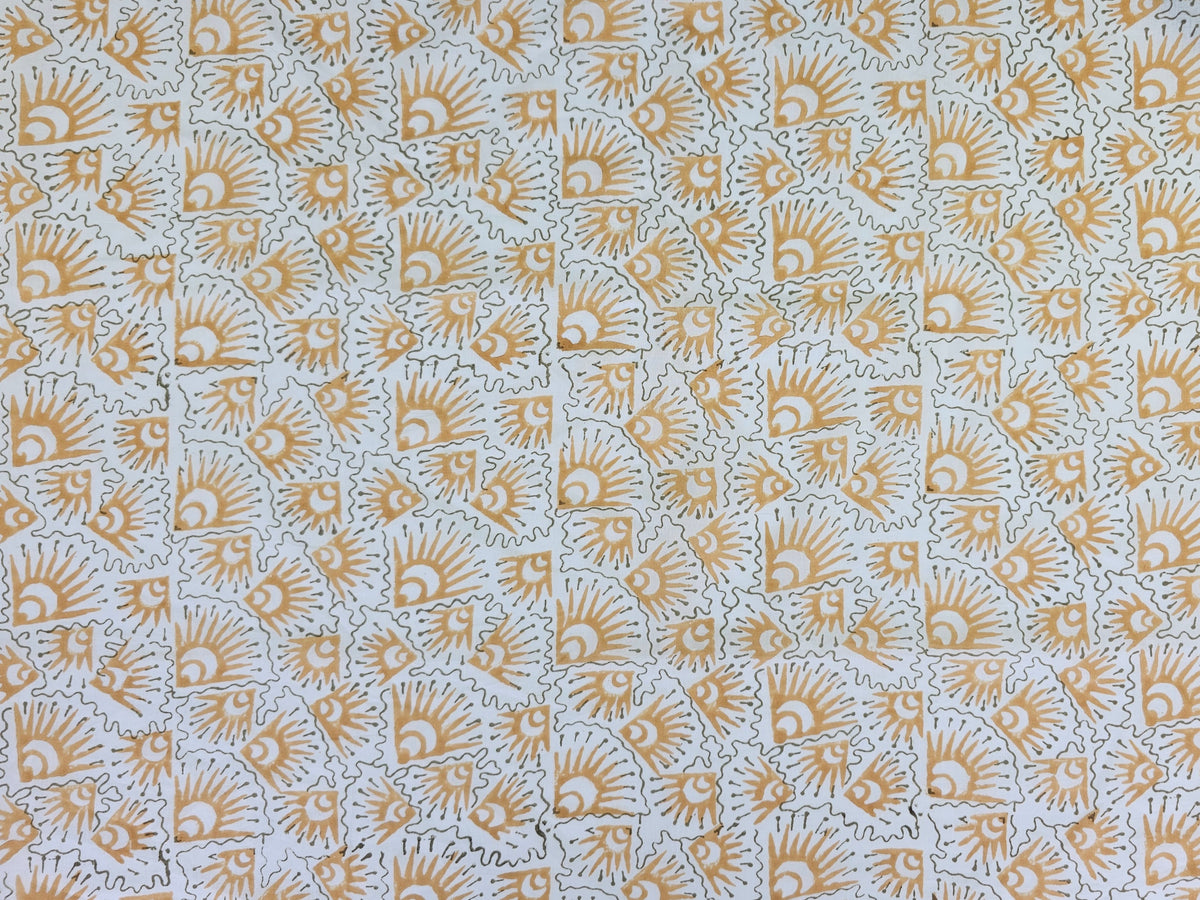 Hand Block Print Cotton Fabric – Ochre Geometric Sunburst | Golden Rays