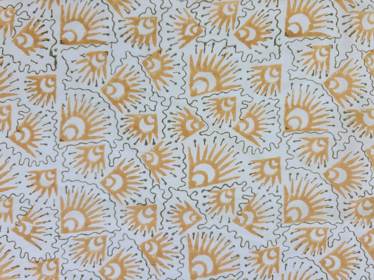 Hand Block Print Cotton Fabric – Ochre Geometric Sunburst | Golden Rays