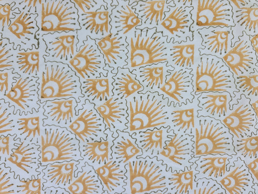 Hand Block Print Cotton Fabric – Ochre Geometric Sunburst | Golden Rays