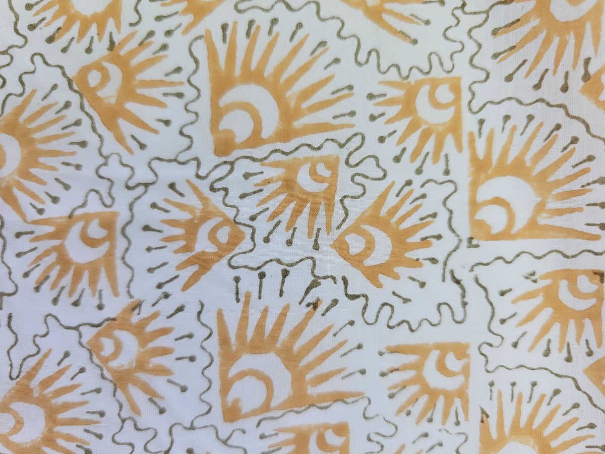 Hand Block Print Cotton Fabric – Ochre Geometric Sunburst | Golden Rays