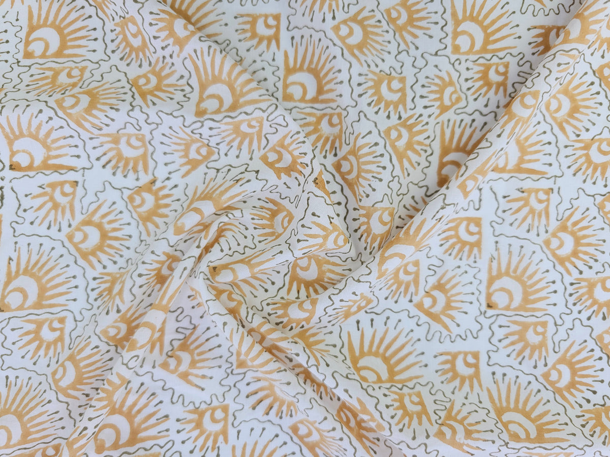 Hand Block Print Cotton Fabric – Ochre Geometric Sunburst | Golden Rays