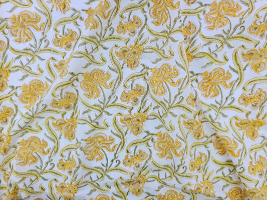 Hand Block Print Cotton Fabric – Mustard Botanical Vine | Golden Vines