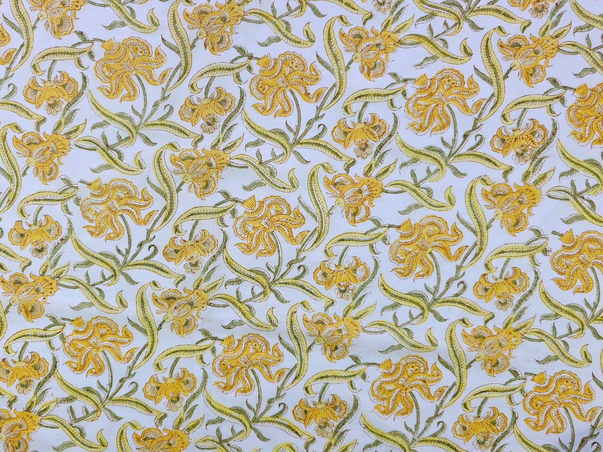 Hand Block Print Cotton Fabric – Mustard Botanical Vine | Golden Vines