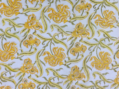 Hand Block Print Cotton Fabric – Mustard Botanical Vine | Golden Vines