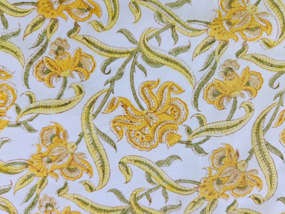 Hand Block Print Cotton Fabric – Mustard Botanical Vine | Golden Vines