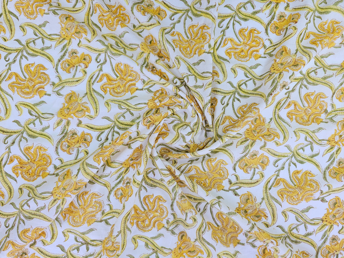 Hand Block Print Cotton Fabric – Mustard Botanical Vine | Golden Vines