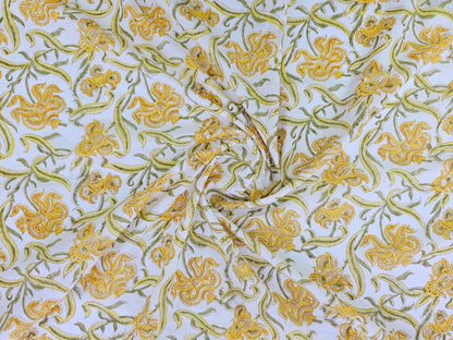 Hand Block Print Cotton Fabric – Mustard Botanical Vine | Golden Vines