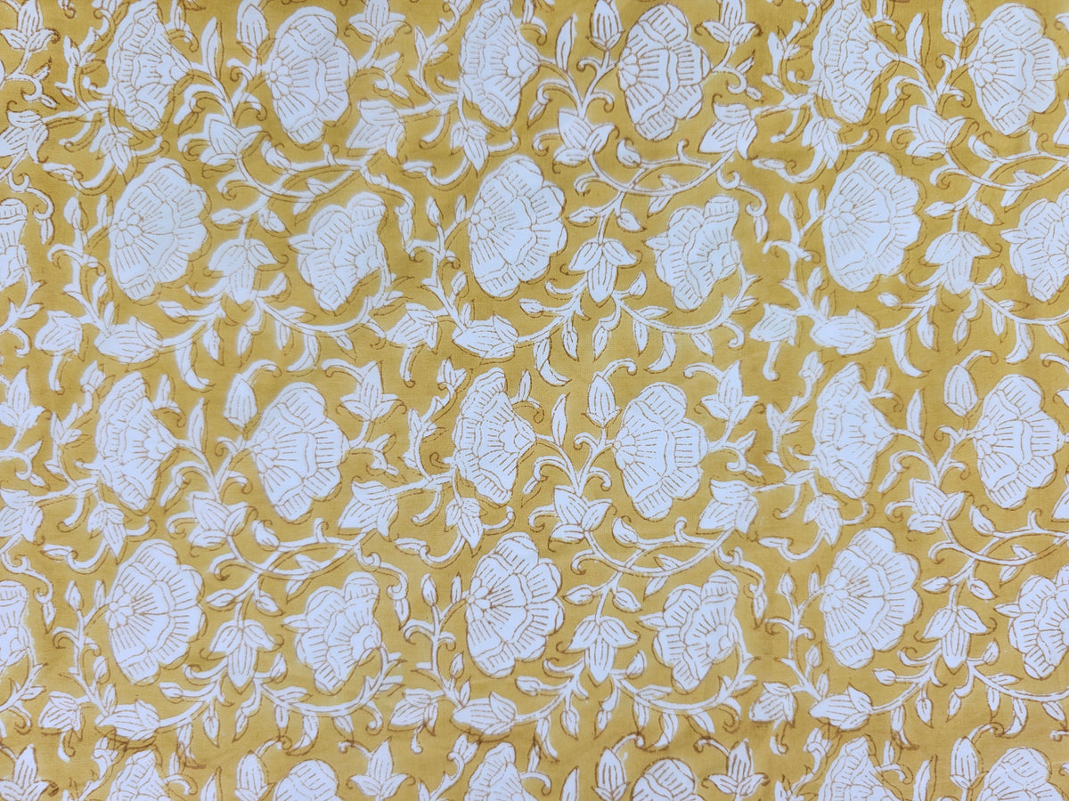 Hand Block Print Cotton Fabric – Mustard Floral Vine | Honey Vine