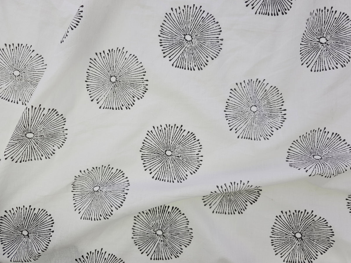 Hand Block Print Cotton Fabric – Black Radial Motif | Moonburst