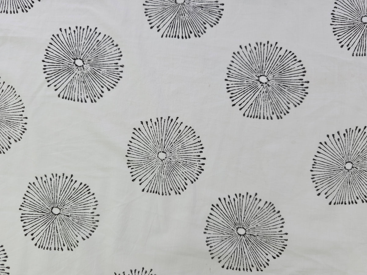 Hand Block Print Cotton Fabric – Black Radial Motif | Moonburst