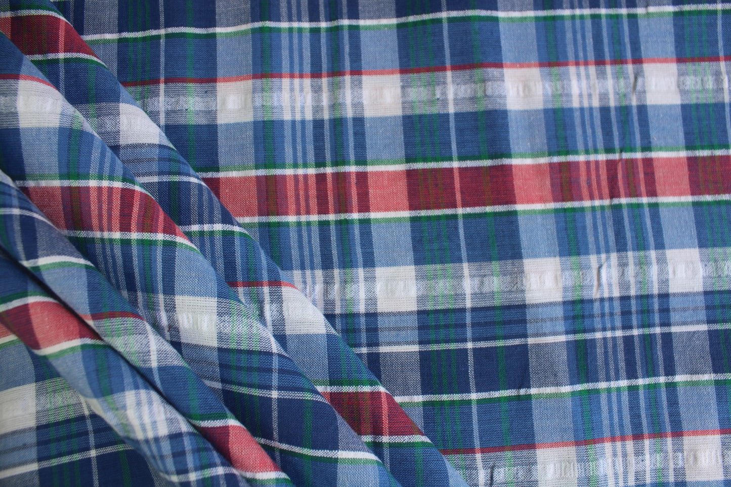 Bold Plaid Cotton Seersucker – 44" Wide | Blue, Red & Green Checks